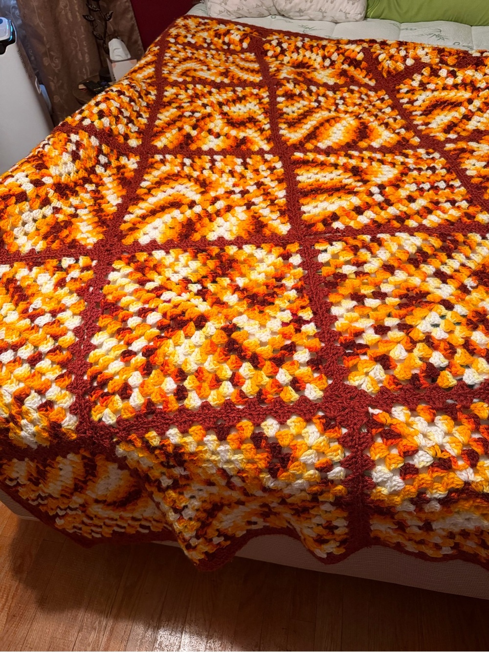 Handmade Crochet Bedspread in Autumn Orange and Cream